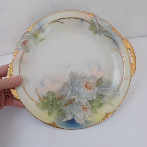 Royal Rudolstadt Hand Painted Prussia Plate White Roses Gold Trim Handles - Picture 2 of 13